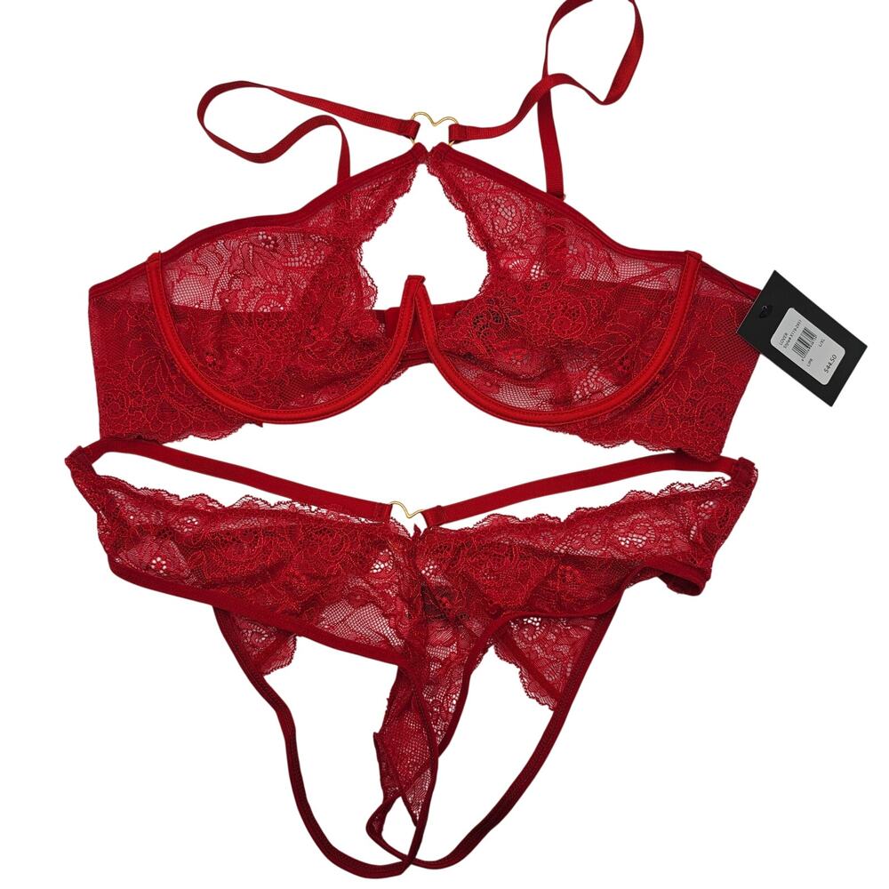 Fredericks of Hollywood Womans size L/XL Lover Floral Lace Bra Panty Set Red NEW